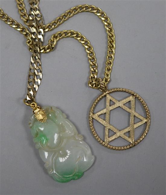 A 9ct gold Star of David pendant on 9K gold chain and a jade pendant on 9K gold chain,